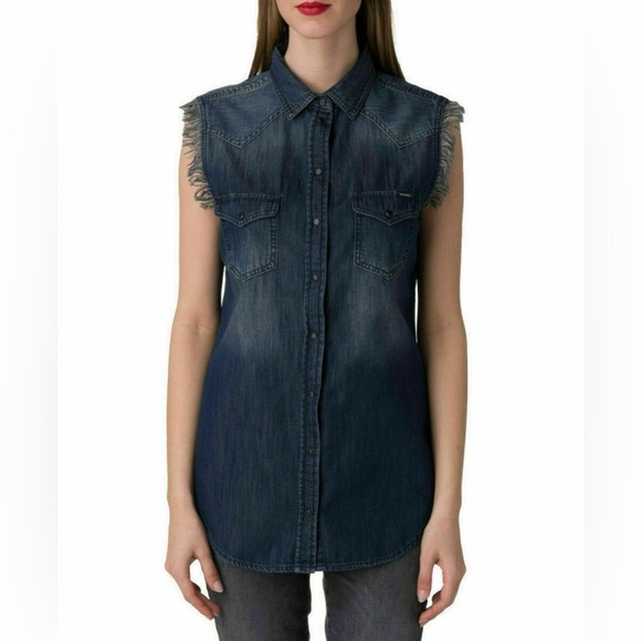 Diesel Denim Sleeveless Western Cotton Shirt Blue Button Down women's size Small - Picture 1 of 9